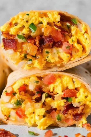 Delicious breakfast burrito filled with eggs, cheese, and fresh ingredients.