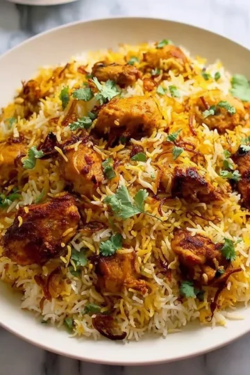 Delicious Butter Chicken Biryani served in a traditional dish with spices and herbs.