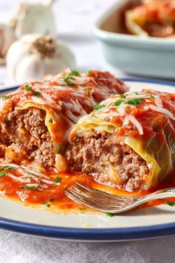 Plate of homemade cabbage rolls with meat and rice filling