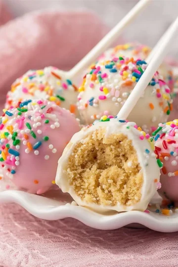 Colorful homemade cake pops on a decorative display.