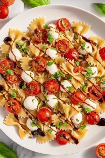 Delicious Caprese Pasta Salad with mozzarella, tomatoes, and fresh basil