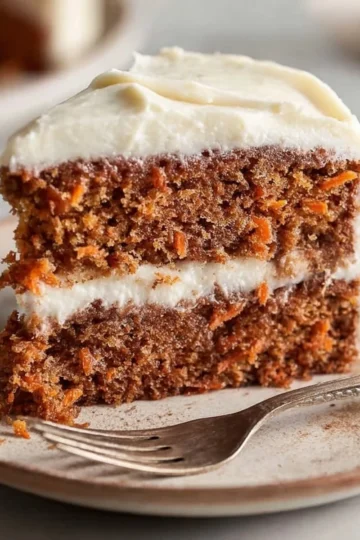 Delicious carrot cake with cream cheese frosting on a rustic wooden table