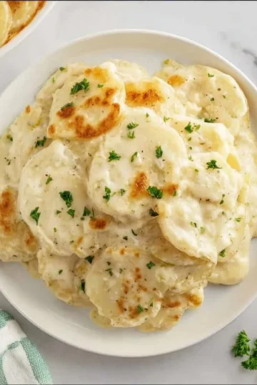 Delicious cheesy scalloped potatoes layered with creamy cheese sauce