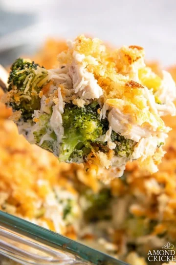 Delicious chicken rice casserole with broccoli in a baking dish