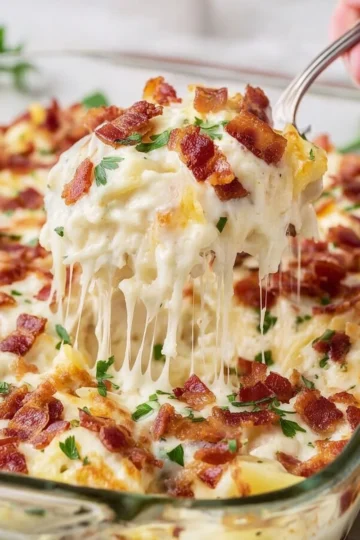 Delicious Chicken Bacon Ranch Casserole with crispy bacon and chicken