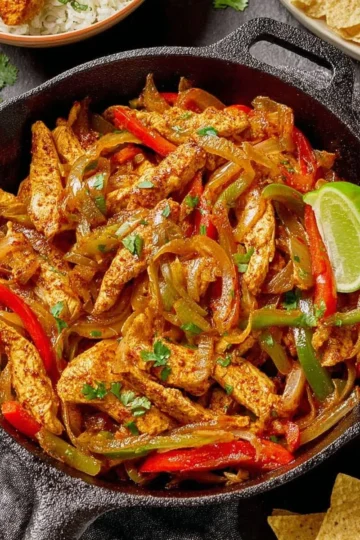 Delicious Chicken Fajitas served with peppers and onions on a plate