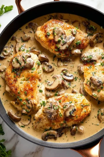 Chicken Marsala dish served without wine, featuring flavorful mushrooms and herbs.