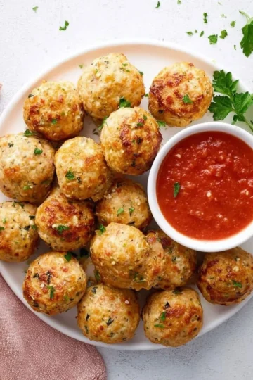 Plate of homemade chicken meatballs garnished with herbs