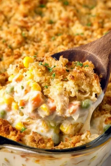 Delicious Chicken and Stuffing Casserole ready to be served.