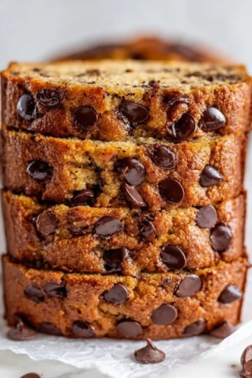 Slice of chocolate chip banana bread on a wooden table