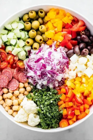 Fresh Chopped Italian Salad with vegetables, olives, and cheese