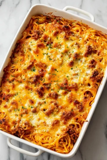 Classic baked spaghetti in a casserole dish, topped with cheese and herbs