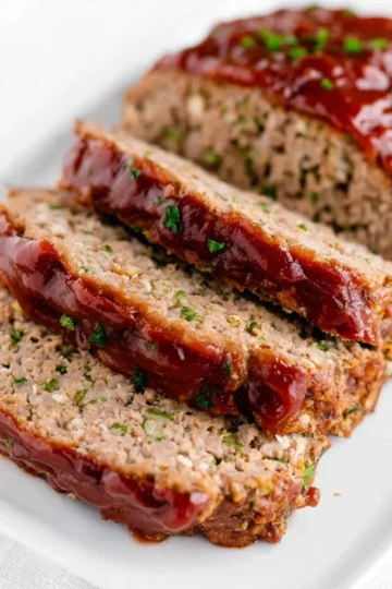 Classic homemade meatloaf served on a plate with mashed potatoes and green beans