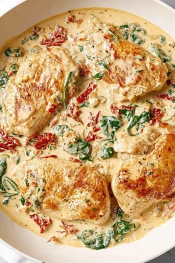 Creamy Keto Tuscan Chicken garnished with herbs and served in a skillet