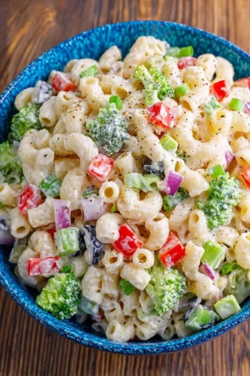 Creamy Summer Pasta Salad with colorful veggies and dressing