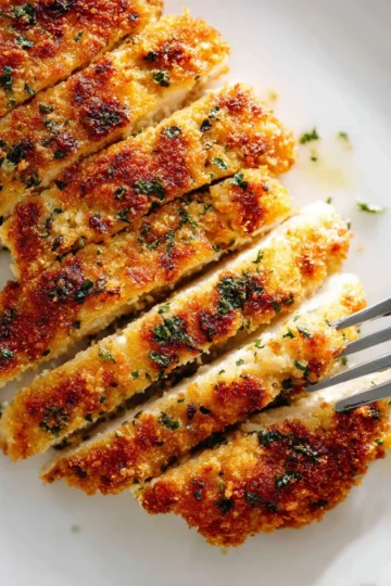 Delicious crispy Parmesan crusted chicken on a plate garnished with herbs