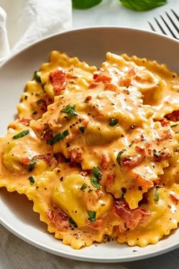 Delicious homemade easy ravioli sauce served over pasta.
