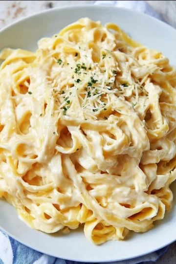 Deliciously creamy Fettuccine Alfredo dish topped with parsley