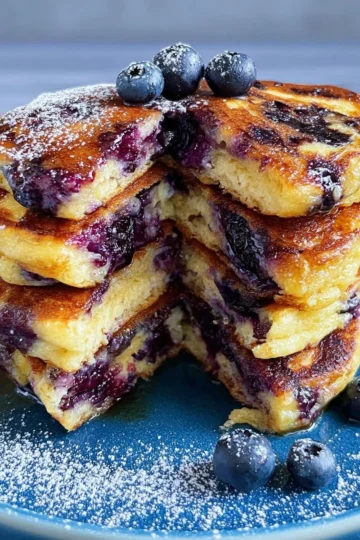 Delicious fluffy blueberry pancakes topped with fresh blueberries and syrup