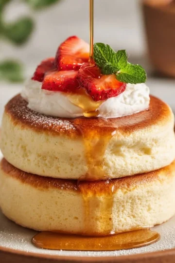 Fluffy Japanese soufflé pancakes stacked with syrup and berries