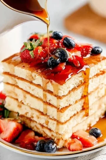 Fluffy sheet pan pancakes ready to serve on a breakfast table.
