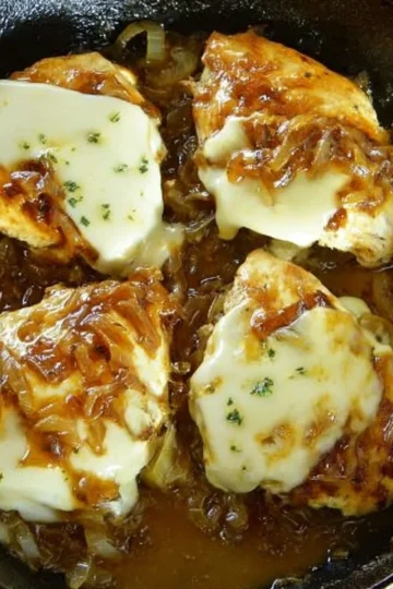 Delicious French Onion Chicken topped with caramelized onions and cheese
