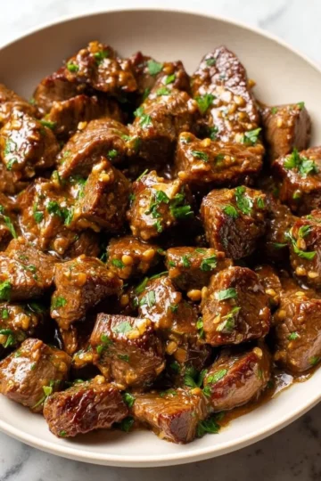 Garlic butter steak bites cooked to perfection, garnished with herbs