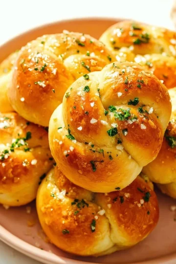 Freshly baked garlic knots served warm with parsley and garlic butter.