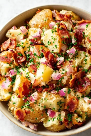 Bowl of traditional German Potato Salad with fresh herbs and onions