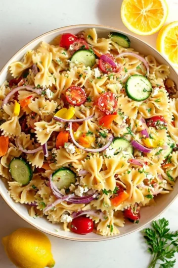 Colorful bowl of Greek Pasta Salad with vegetables, olives, and feta cheese