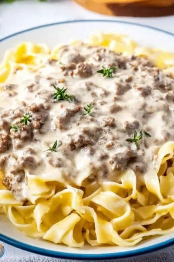 Delicious Ground Beef Stroganoff served with egg noodles