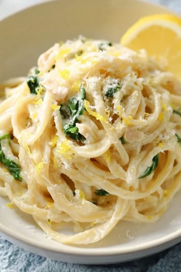 High protein vegan lemon pasta served in a bowl with fresh herbs and lemon slices.
