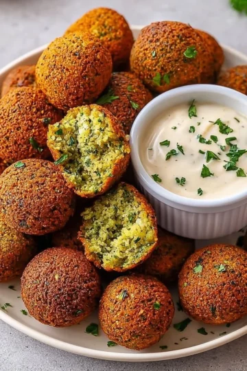 Plate of homemade falafel with fresh vegetables and tahini sauce.