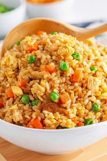 A bowl of homemade fried rice with vegetables and eggs, garnished with green onions.