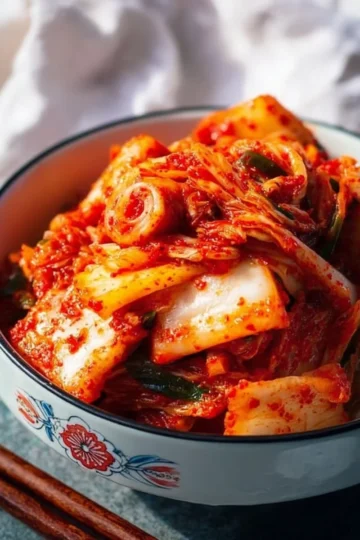 Bowl of homemade vegan kimchi with vibrant vegetables and spices