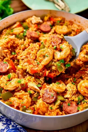 Delicious homemade jambalaya served in a bowl with colorful ingredients