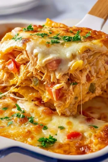King Ranch Chicken casserole topped with cheese and tortilla chips ready to serve.