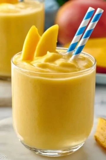 A vibrant mango smoothie served in a glass with fresh mango slices on the side.
