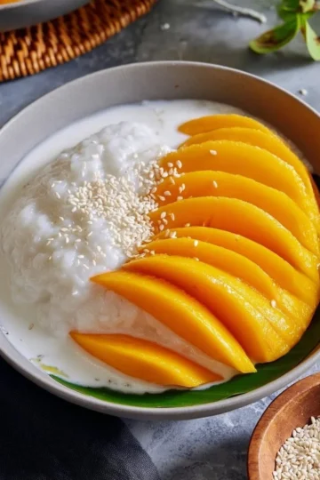 Delicious Mango Sticky Rice served with fresh mango slices and coconut sauce