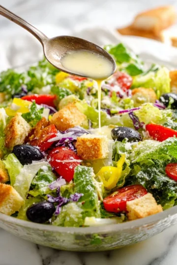 Delicious Olive Garden Salad with fresh greens, olives, and Italian dressing.