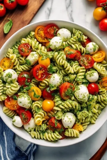 A vibrant bowl of pesto pasta salad with fresh vegetables and herbs