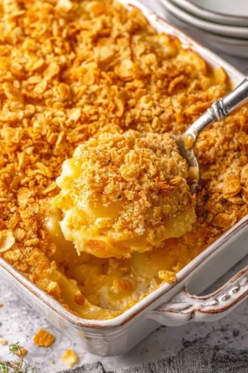 A delicious pineapple casserole dish ready to serve, featuring pineapple and cheese.