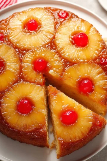 Sliced Pineapple Upside Down Cake with cherries on top