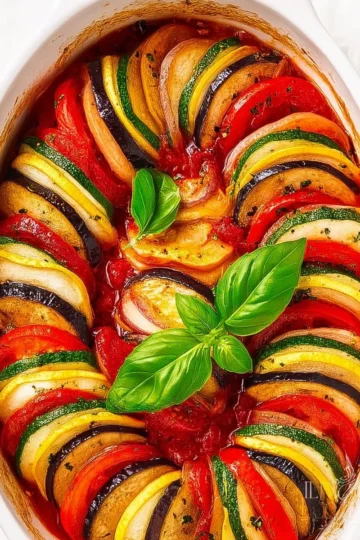 A vibrant plate of ratatouille showcasing colorful vegetables and herbs.