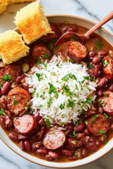 Delicious plate of red beans and rice topped with herbs and spices.