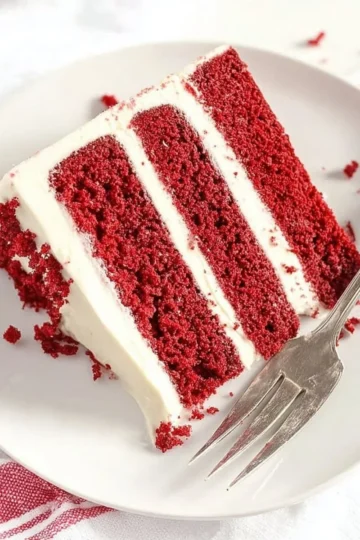 Slice of moist Red Velvet Cake with cream cheese frosting on a white plate