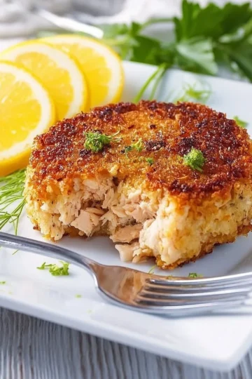 Homemade salmon patties served with dipping sauce and fresh greens.