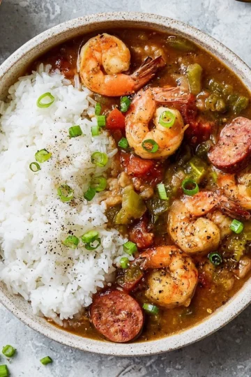 Delicious shrimp and sausage gumbo served in a bowl, garnished with herbs.