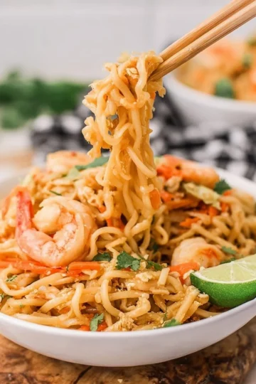 Delicious Shrimp Pad Thai dish served with shrimp, noodles, and vegetables