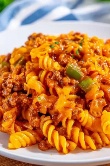 Delicious Sloppy Joe Casserole served in a baking dish topped with cheese